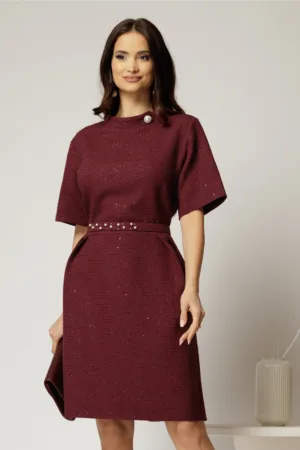 Rochie scurta bordo cu nasture perla la guler si fir lurex