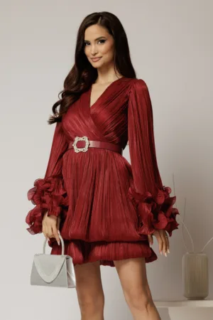 Rochie scurta bordo de seara cu fusta tip gogosar si maneci ample