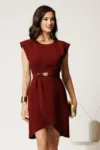 Rochie scurta bordo din crep cu umeri bufanti si curea in talie