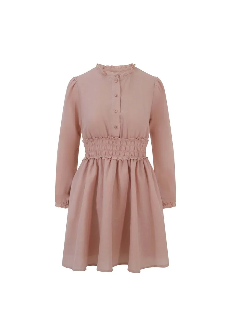 Rochie scurta din amestec de in cu garnitura cu insertii elastice in talie