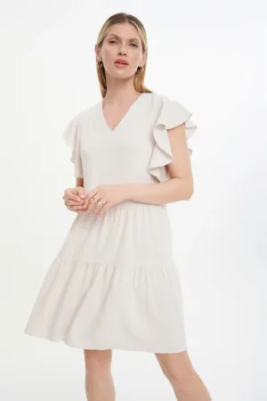 Rochie scurta din amestec de in cu maneci cu franjuri