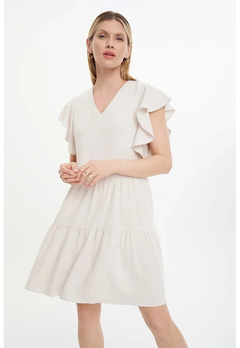 Rochie scurta din amestec de in cu maneci cu franjuri