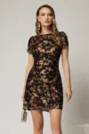 Rochie scurta din dantela neagra cu print maro auriu si catarama in talie