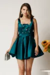 Rochie scurta eleganta turcoaz din tafta cu strasuri la bust si funda la spate