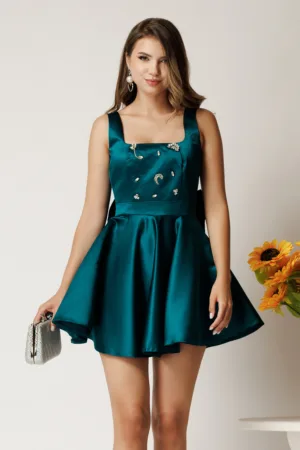 Rochie scurta eleganta turcoaz din tafta cu strasuri la bust si funda la spate