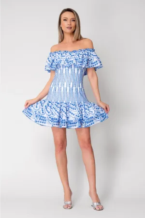 Rochie scurta fara umeri 100% Bumbac Off White/Blue 16489