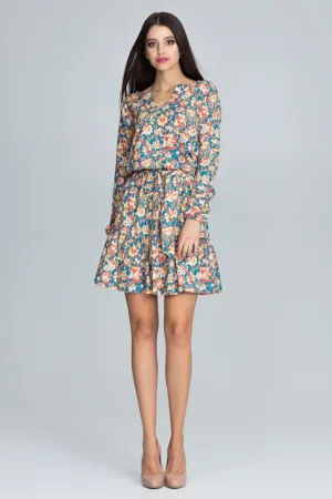 Rochie scurta florala multicolor - cu maneci lungi - poliester si elastan