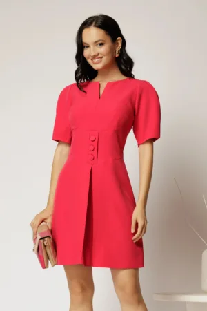 Rochie scurta fucsia cu pliu pe fusta si nasturi