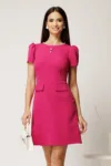 Rochie scurta fucsia din stofa evazata cu perle la decolteu si buzunare decorative
