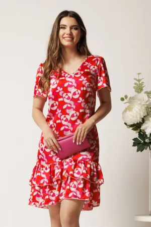 Rochie scurta fucsia din voal lejera cu print rosu si volane la baza- Moze