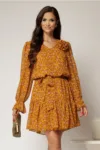 Rochie scurta galben mustar cu imprimeu floral si volanas la baza
