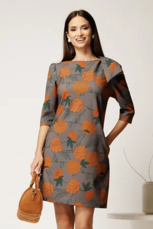 Rochie scurta gri din stofa cu flori galben mustar si funda pe umar