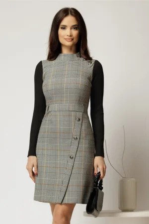 Rochie scurta in carouri gri cu nasturi pe fusta