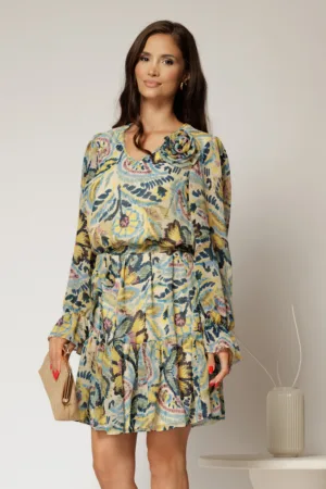Rochie scurta ivoar cu imprimeu bleu si galbene si volanas la baza
