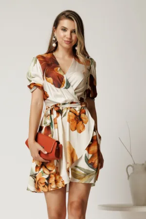 Rochie scurta ivory din satin cu imprimeu maro si cordon in talie