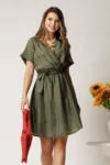 Rochie scurta kaki din tencel in clos cu elastic si cordon in talie
