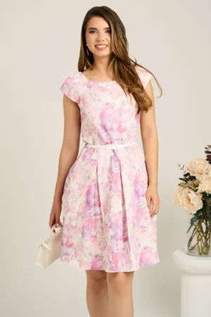 Rochie scurta lila cu flori in clos cu buzunare si curea in talie