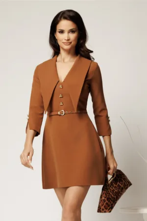 Rochie scurta maro din stofa cu guler maxi ascutit si curea in talie