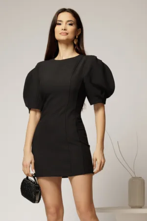 Rochie scurta neagra cu croi cambrat si maneci scurte bufante