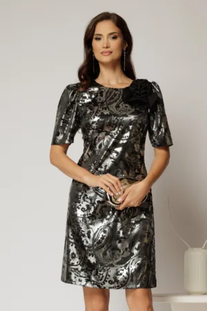 Rochie scurta neagra cu croi drept si imprimeuri argintii