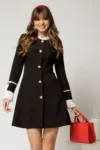 Rochie scurta neagra cu croi in clini si mansete si guler incretit