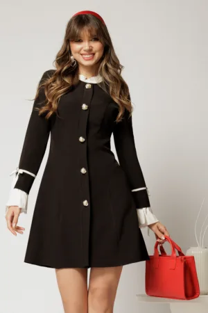 Rochie scurta neagra cu croi in clini si mansete si guler incretit