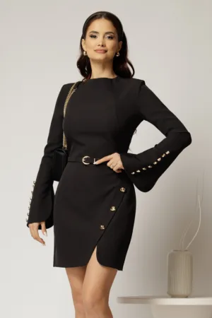 Rochie scurta neagra cu maneci decupate si nasturi eleganti