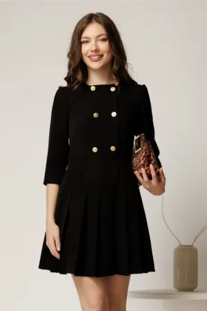Rochie scurta neagra cu nasturi pe bust si pliuri pe fusta