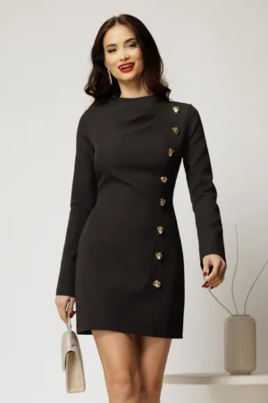 Rochie scurta neagra cu pliuri la guler si nasturi