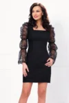 Rochie scurta neagra de ocazie cu maneci din organza brodate