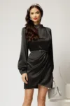 Rochie scurta neagra de ocazie din satin cu pietricele