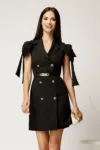 Rochie scurta neagra din bumbac tip sacou cu funde la umeri si curea in talie