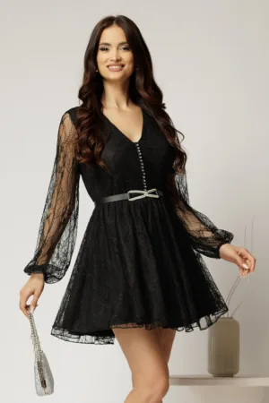 Rochie scurta neagra din dantela cu maneci bufante si curea