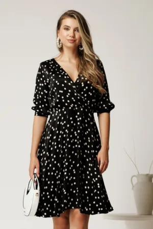 Rochie scurta neagra din satin cu buline