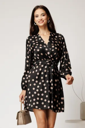 Rochie scurta neagra din satin cu buline bej si cordon in talie