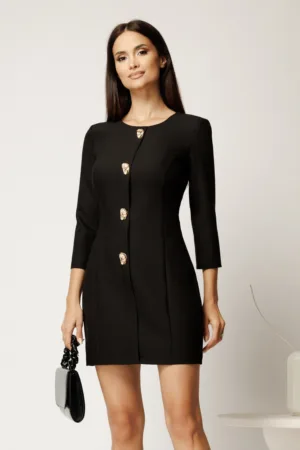 Rochie scurta neagra din stofa cu croi cambrat si nasturi decorativi