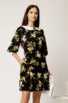 Rochie scurta neagra din stofa cu flori galbene si guler alb
