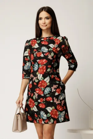 Rochie scurta neagra din stofa cu flori rosii si funda pe umar