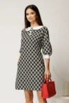 Rochie scurta neagra din stofa cu imprimeu geometric si guler alb
