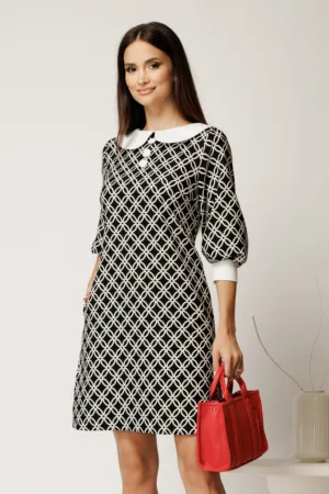 Rochie scurta neagra din stofa cu imprimeu geometric si guler alb