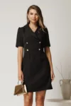 Rochie scurta neagra din stofa cu nasturi pe bust