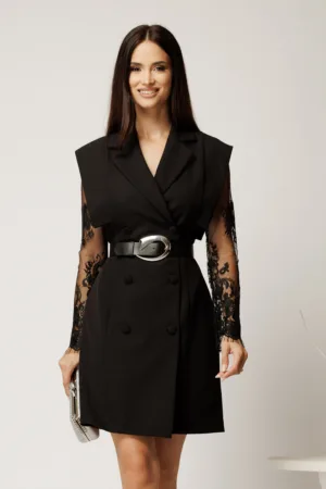 Rochie scurta neagra din stofa tip sacou cu maneci din dantela si curea in talie
