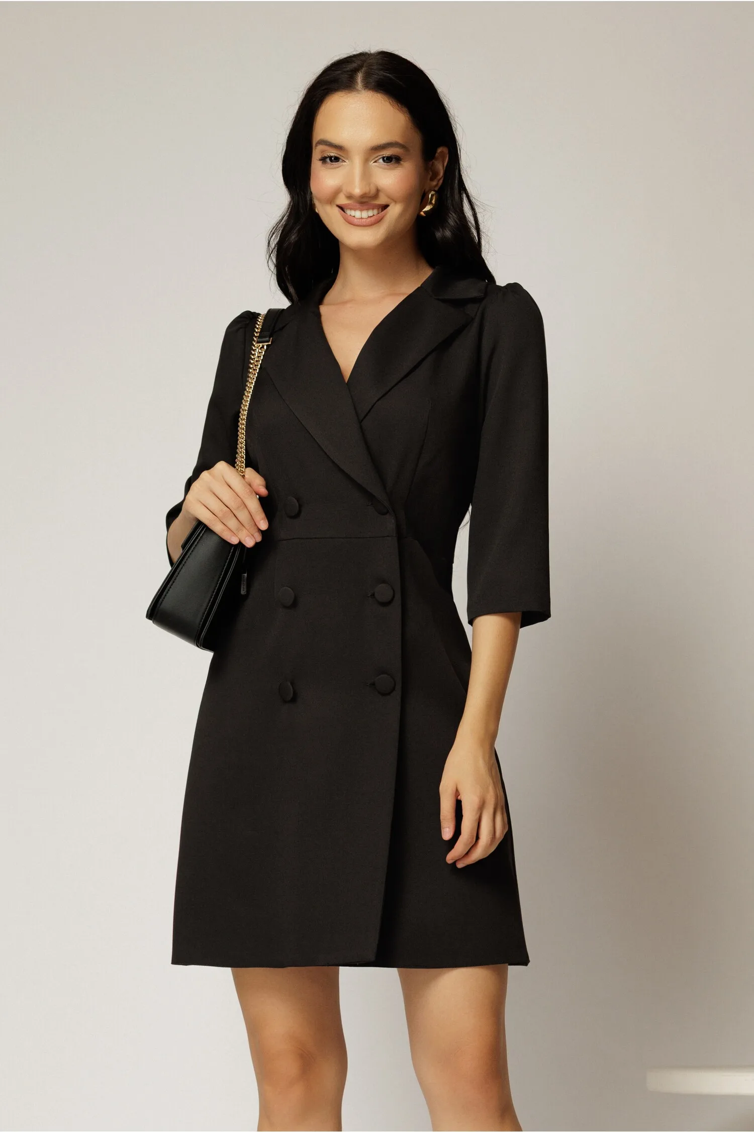 Rochie scurta office neagra tip sacou cu inchidere cu nasturi
