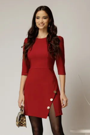 Rochie scurta rosu inchis cu fusta tip A si nasturi decorativi