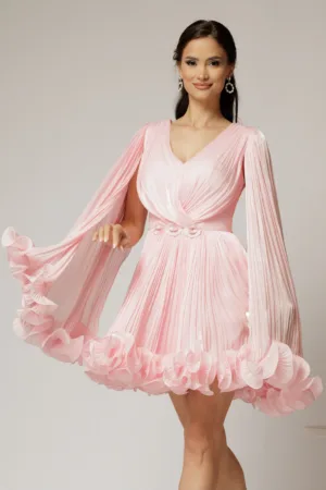 Rochie scurta roz de ocazie cu aplicatii florale pe talie din voal peliculizat