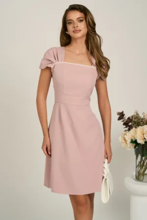 Rochie scurta roz din stofa evazata cu perlute la bust- Moze