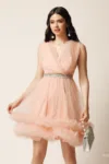 Rochie scurta roz din tulle in clos cu volanase la baza- Ella Collection Kelly