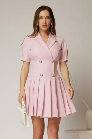 Rochie scurta roz tip sacou cu pliuri pe fusta