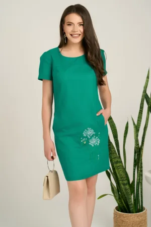Rochie scurta verde din in cu broderie florala pe fusta