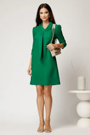 Rochie scurta verde din stofa cu croi cambrat si guler tip esarfa